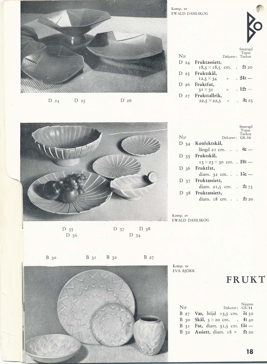 Priskurant från Bo Fajans 1939, med praktiska hushållsfajanser, konstglaserade dekorativa fajanser som terrasskrukor, vaser, skålar och blomkrukor.