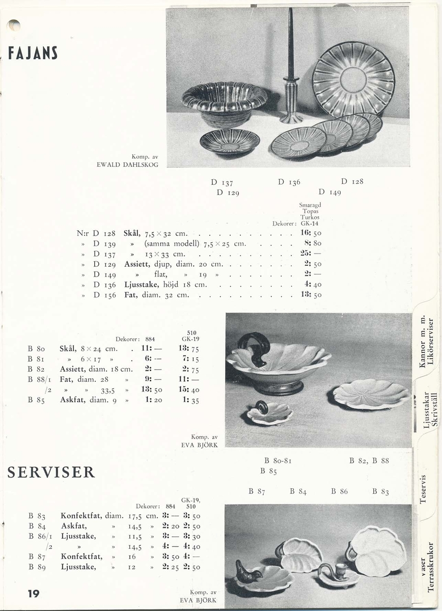 Priskurant från Bo Fajans 1939, med praktiska hushållsfajanser, konstglaserade dekorativa fajanser som terrasskrukor, vaser, skålar och blomkrukor.