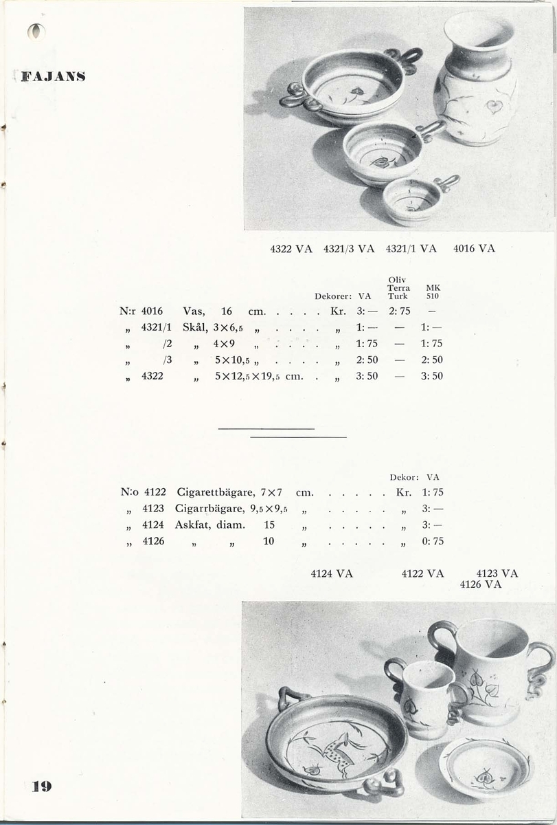 Priskurant från Bo Fajans 1936, med praktiska hushållsfajanser.