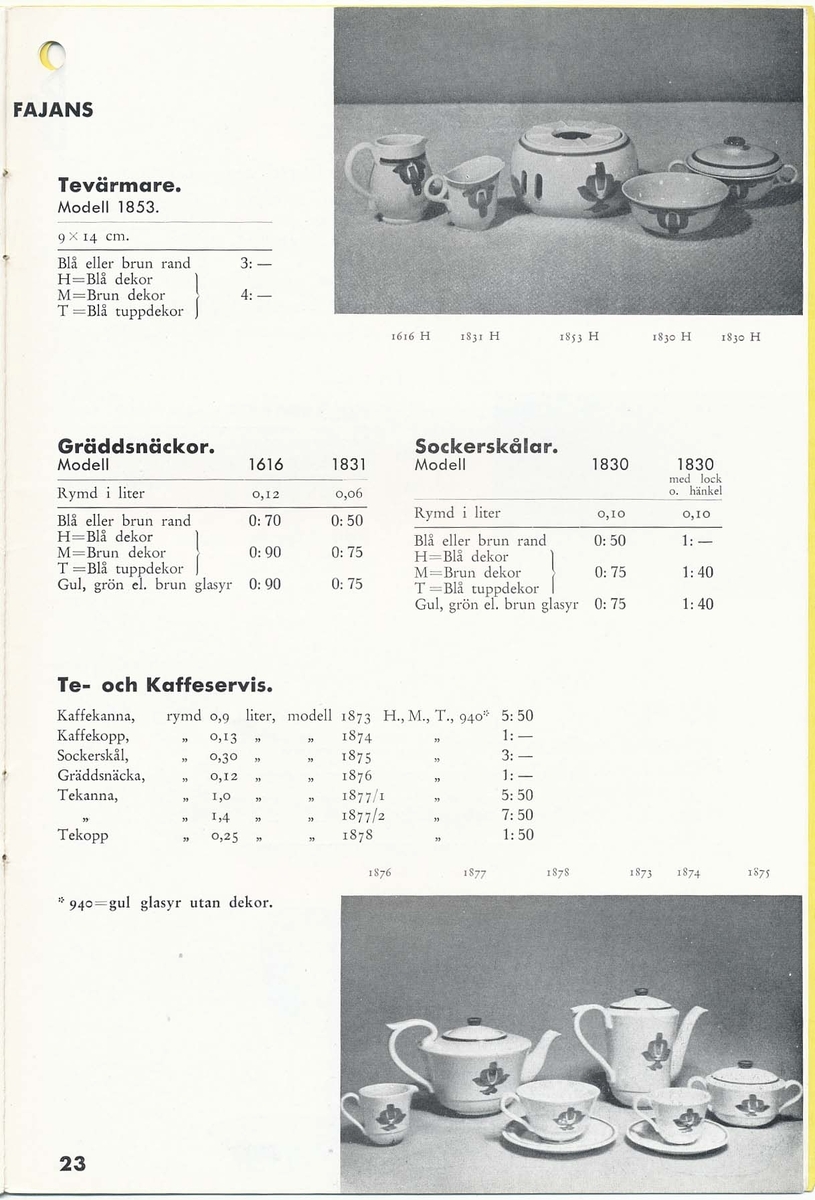 Priskurant från Bo Fajans 1938.