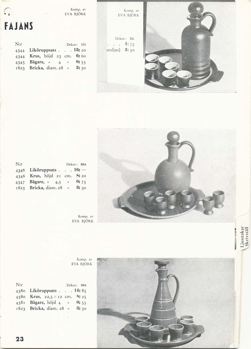 Priskurant från Bo Fajans 1939, med praktiska hushållsfajanser, konstglaserade dekorativa fajanser som terrasskrukor, vaser, skålar och blomkrukor.