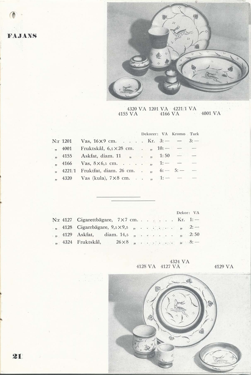 Priskurant från Bo Fajans 1936, med praktiska hushållsfajanser.