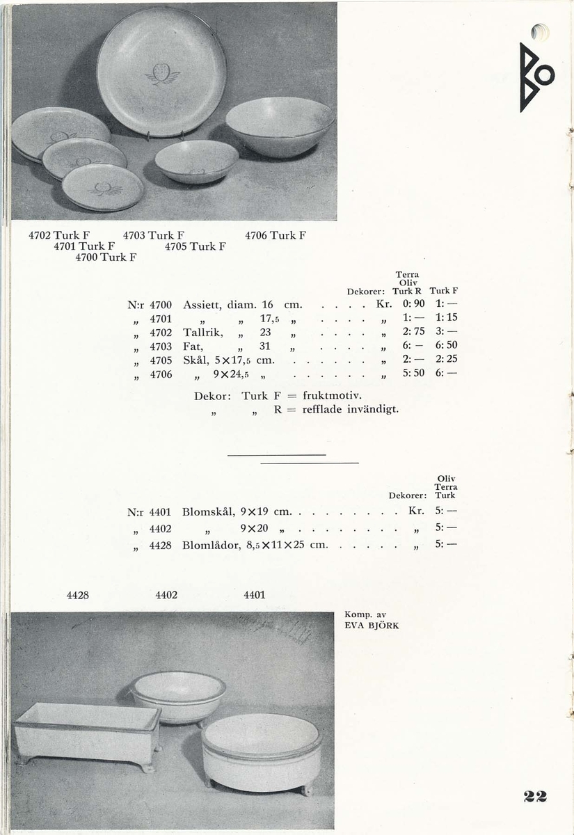 Priskurant från Bo Fajans 1936, med praktiska hushållsfajanser.