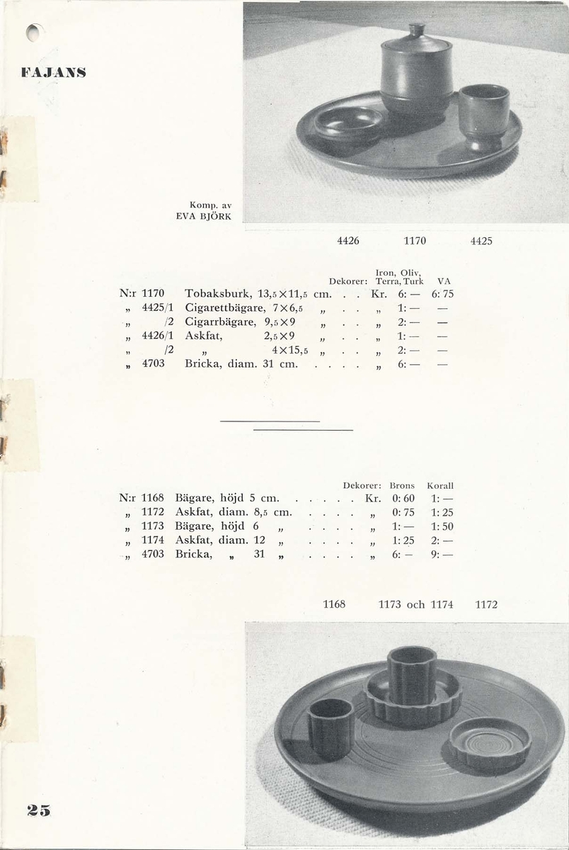 Priskurant från Bo Fajans 1936, med praktiska hushållsfajanser.