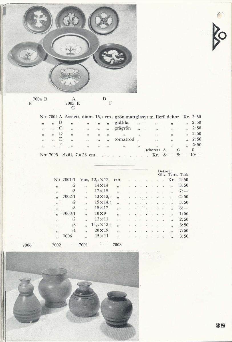 Priskurant från Bo Fajans 1936, med praktiska hushållsfajanser.