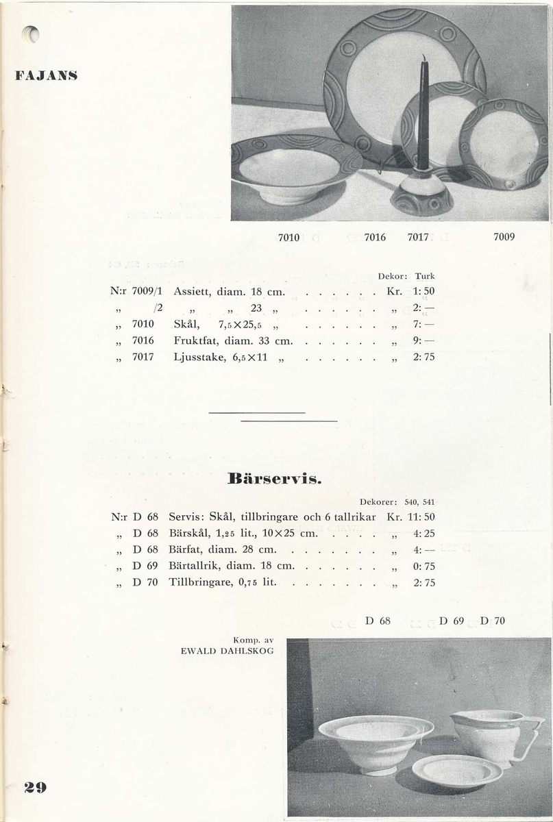 Priskurant från Bo Fajans 1936, med praktiska hushållsfajanser.