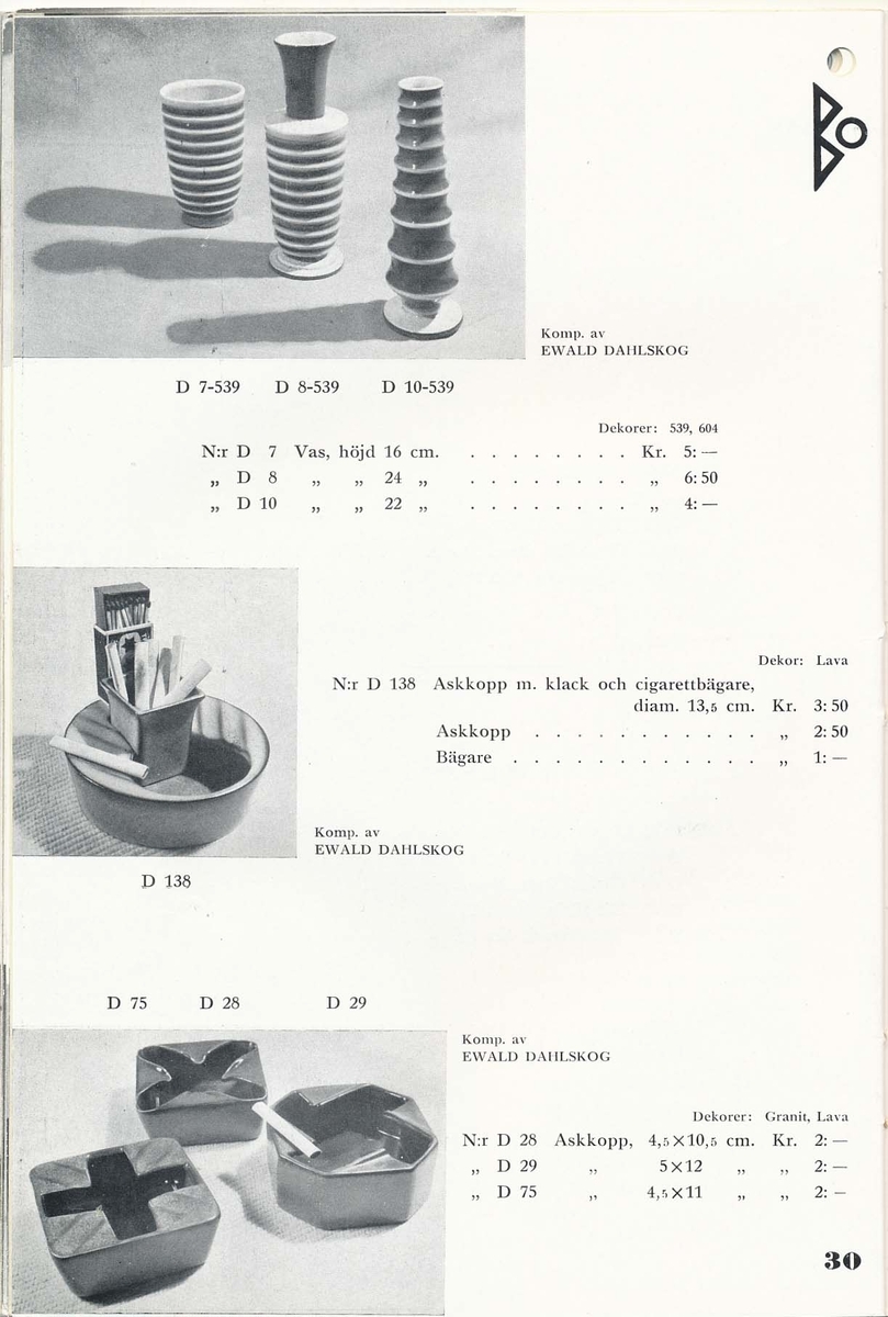 Priskurant från Bo Fajans 1936, med praktiska hushållsfajanser.