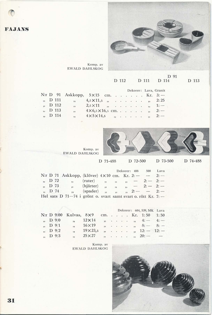 Priskurant från Bo Fajans 1936, med praktiska hushållsfajanser.