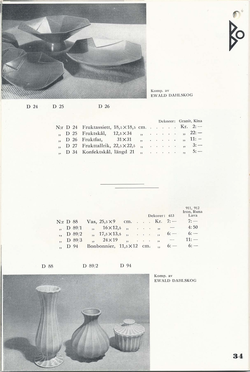 Priskurant från Bo Fajans 1936, med praktiska hushållsfajanser.