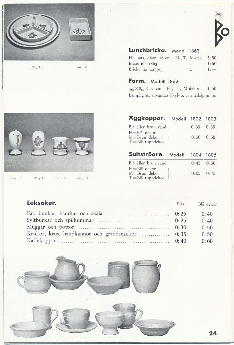 Priskurant från Bo Fajans 1938.