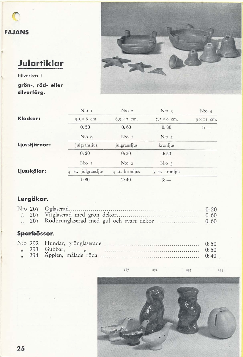 Priskurant från Bo Fajans 1938.