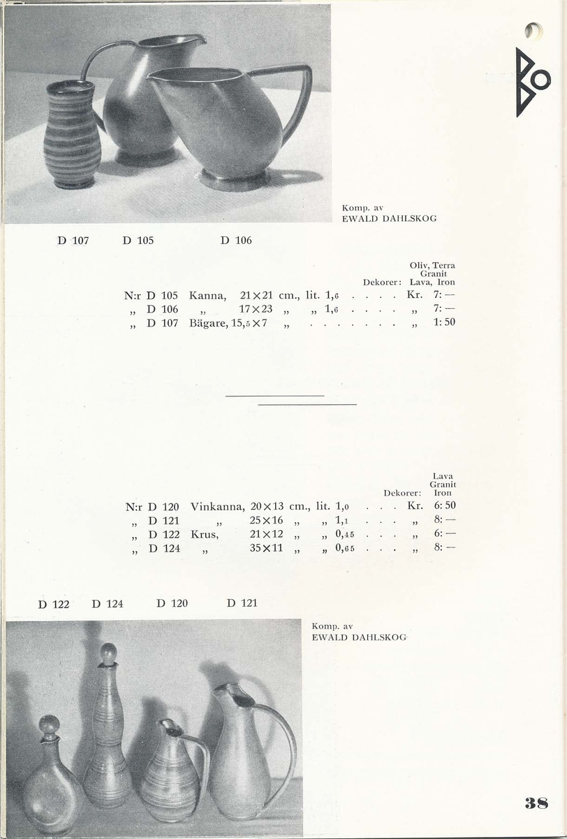 Priskurant från Bo Fajans 1936, med praktiska hushållsfajanser.