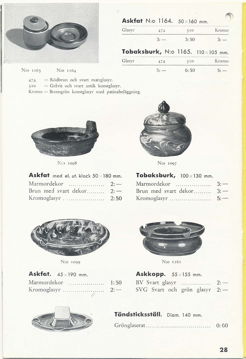 Priskurant från Bo Fajans 1938.
