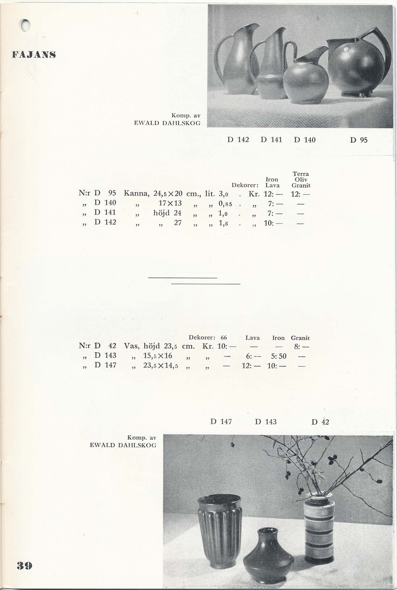 Priskurant från Bo Fajans 1936, med praktiska hushållsfajanser.