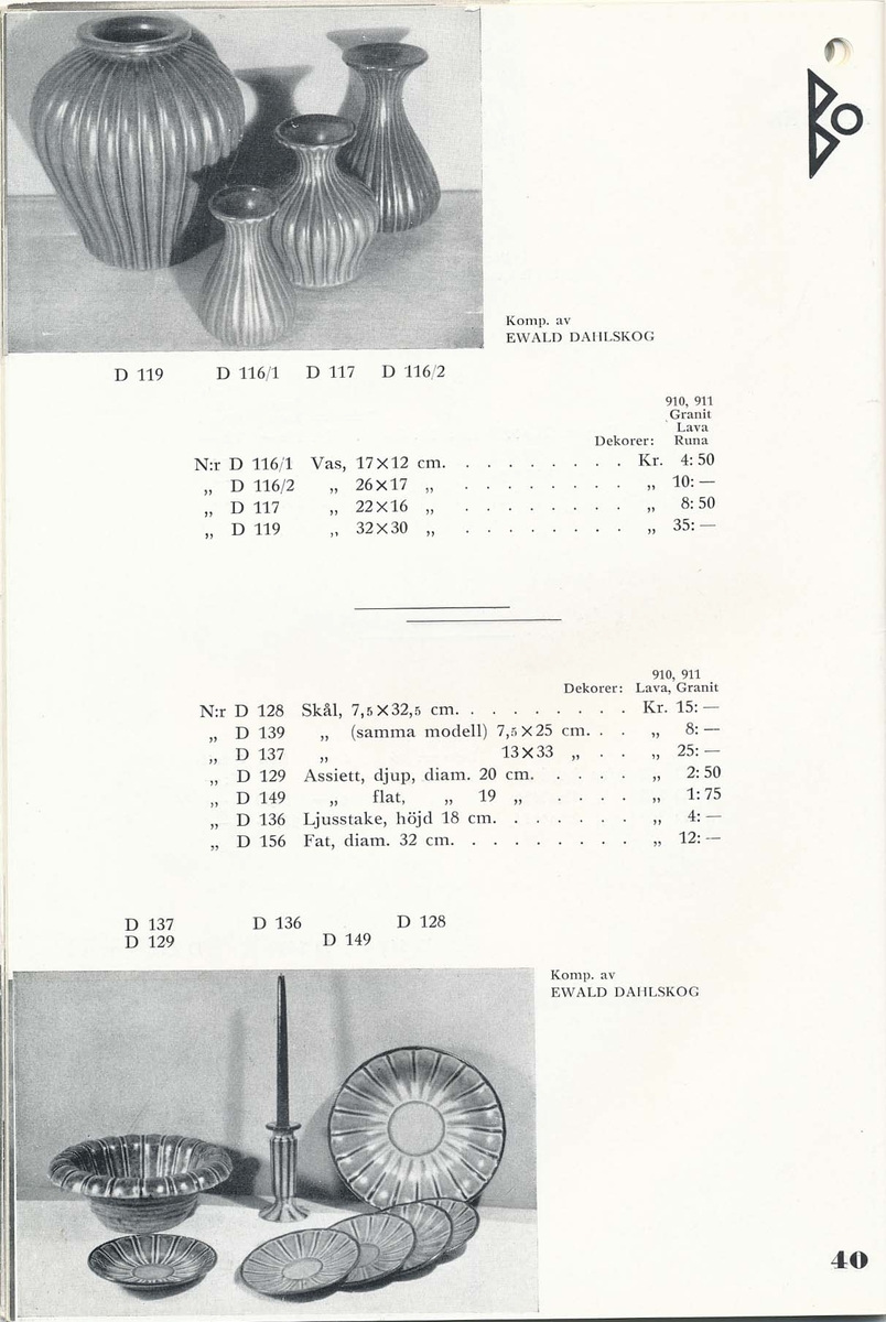 Priskurant från Bo Fajans 1936, med praktiska hushållsfajanser.
