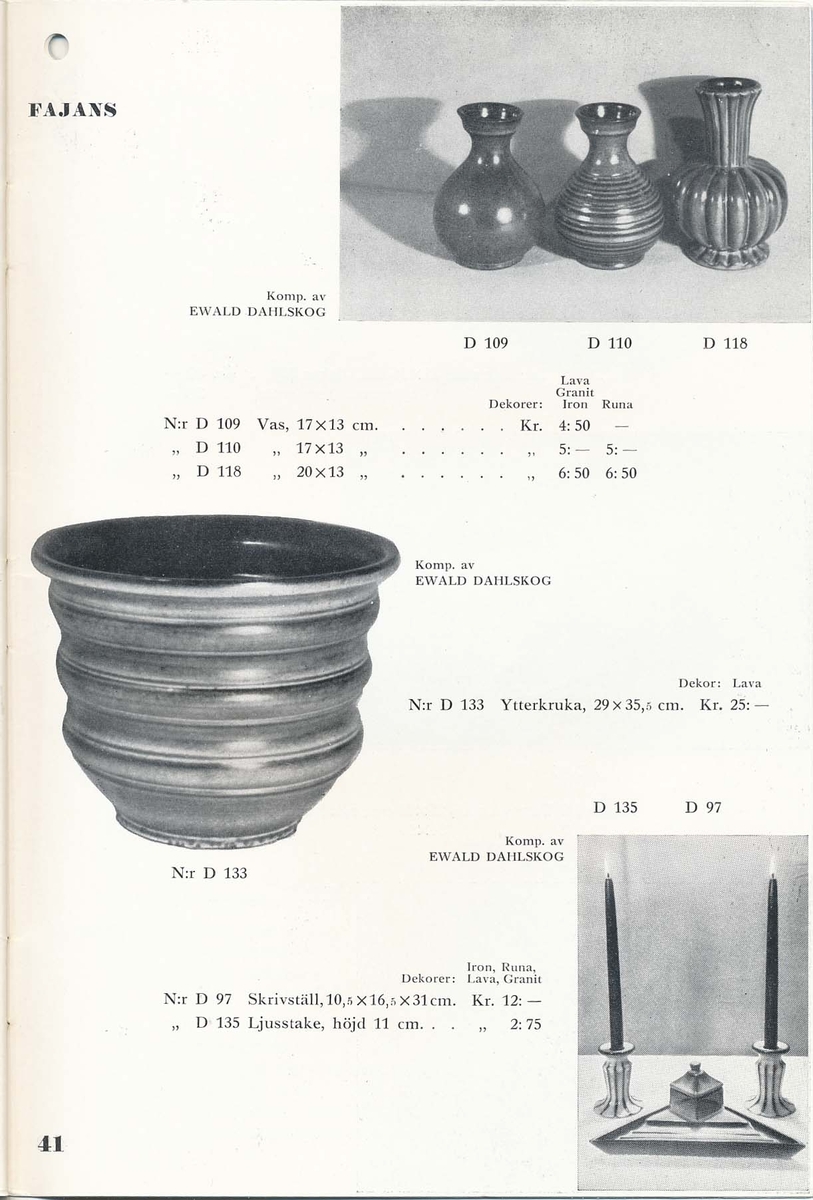 Priskurant från Bo Fajans 1936, med praktiska hushållsfajanser.