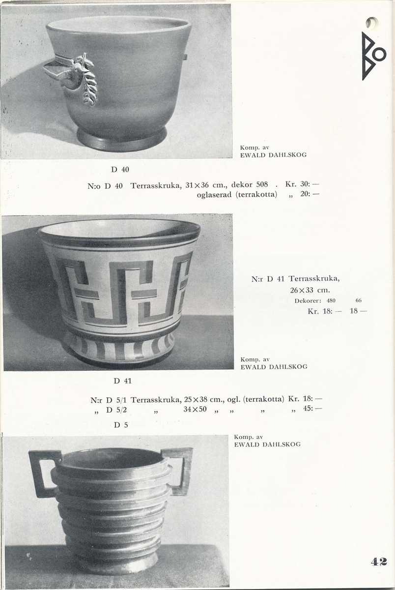 Priskurant från Bo Fajans 1936, med praktiska hushållsfajanser.