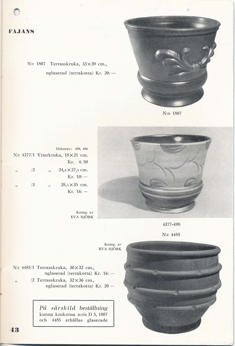 Priskurant från Bo Fajans 1936, med praktiska hushållsfajanser.