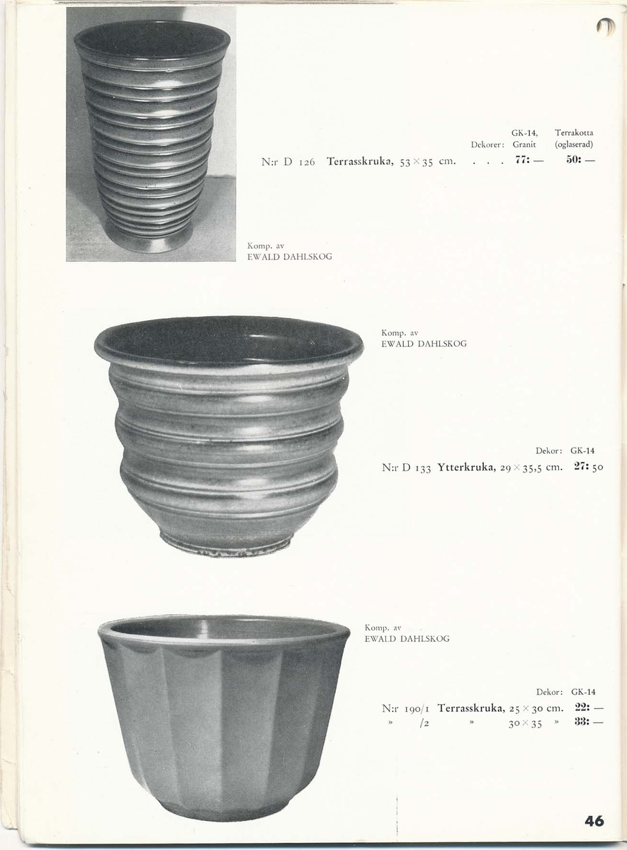 Priskurant från Bo Fajans 1939, med praktiska hushållsfajanser, konstglaserade dekorativa fajanser som terrasskrukor, vaser, skålar och blomkrukor.