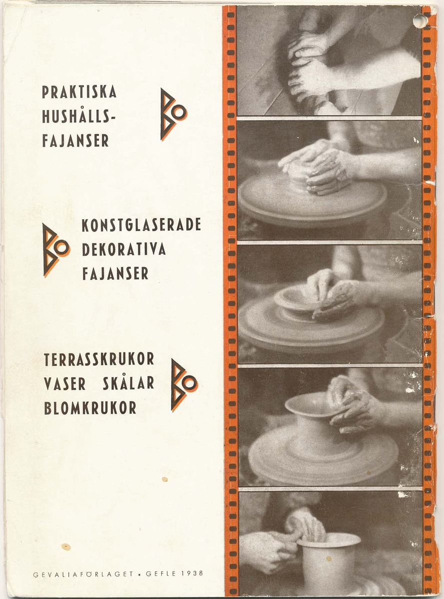 Priskurant från Bo Fajans 1939, med praktiska hushållsfajanser, konstglaserade dekorativa fajanser som terrasskrukor, vaser, skålar och blomkrukor.