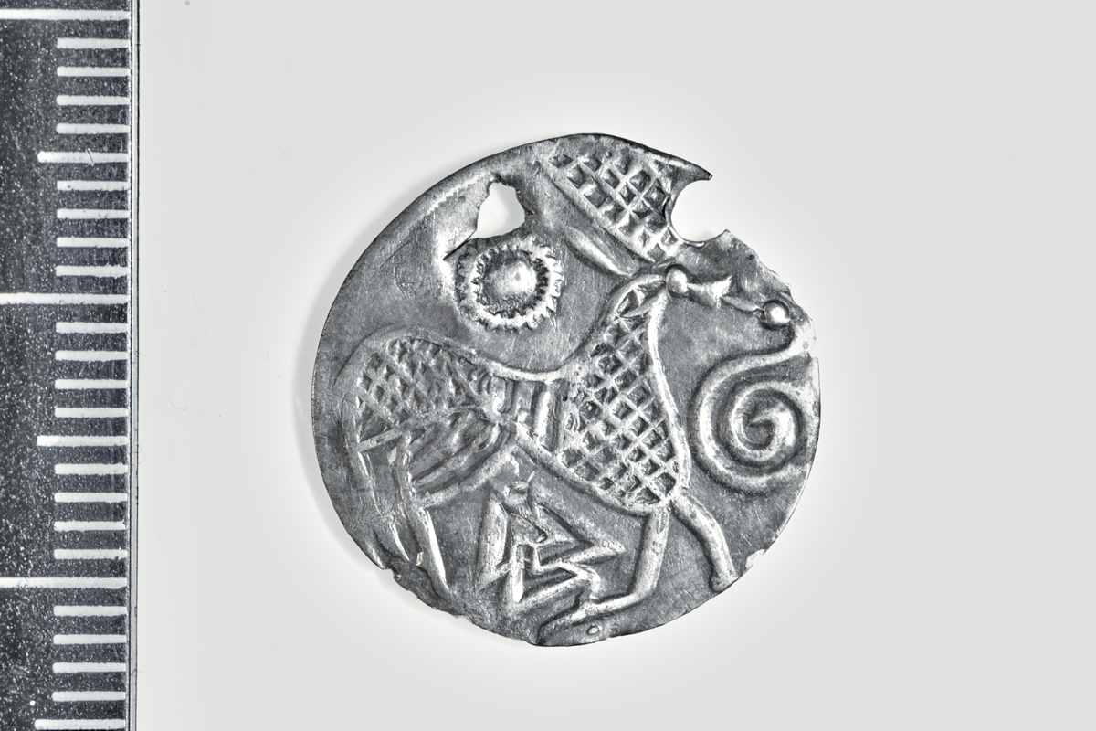 Motiv advers: Ansikt med stråler og bart. Fire mindre masker, to 8-tallsymbol og to slanger i ring rundt. 

Motiv revers: Hjort som vender framover, slange foran mulen, solsymbol bak og trikvetra symbol under. 