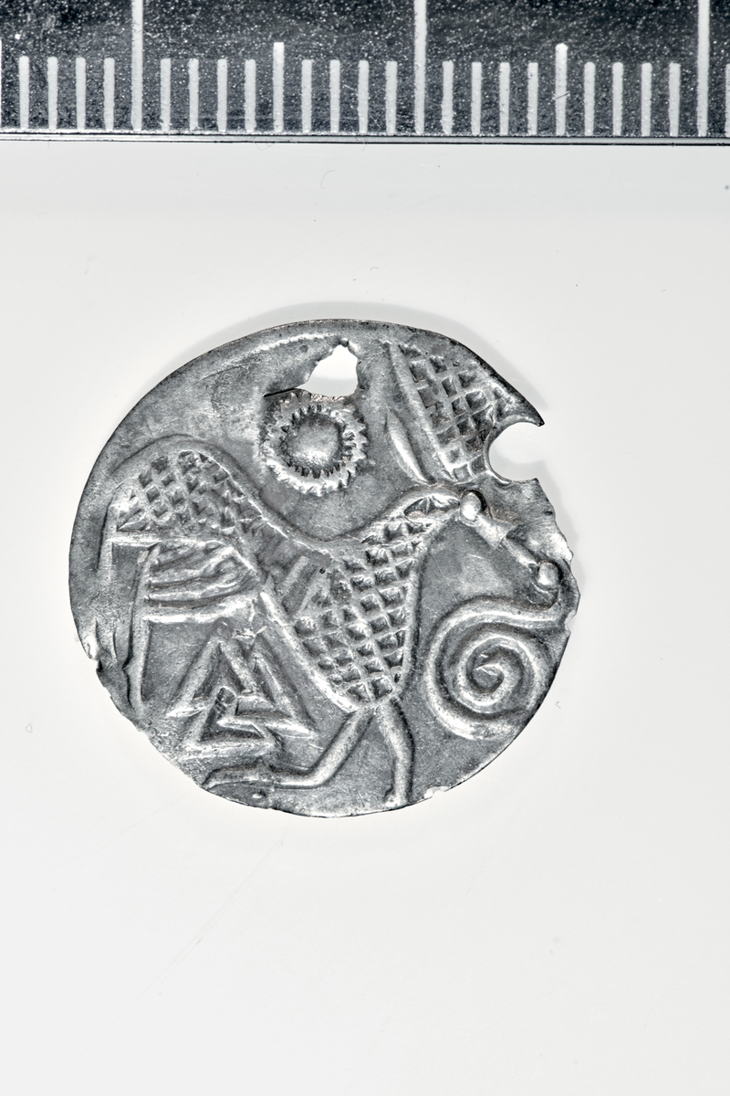 Motiv advers: Ansikt med stråler og bart. Fire mindre masker, to 8-tallsymbol og to slanger i ring rundt. 

Motiv revers: Hjort som vender framover, slange foran mulen, solsymbol bak og trikvetra symbol under. 