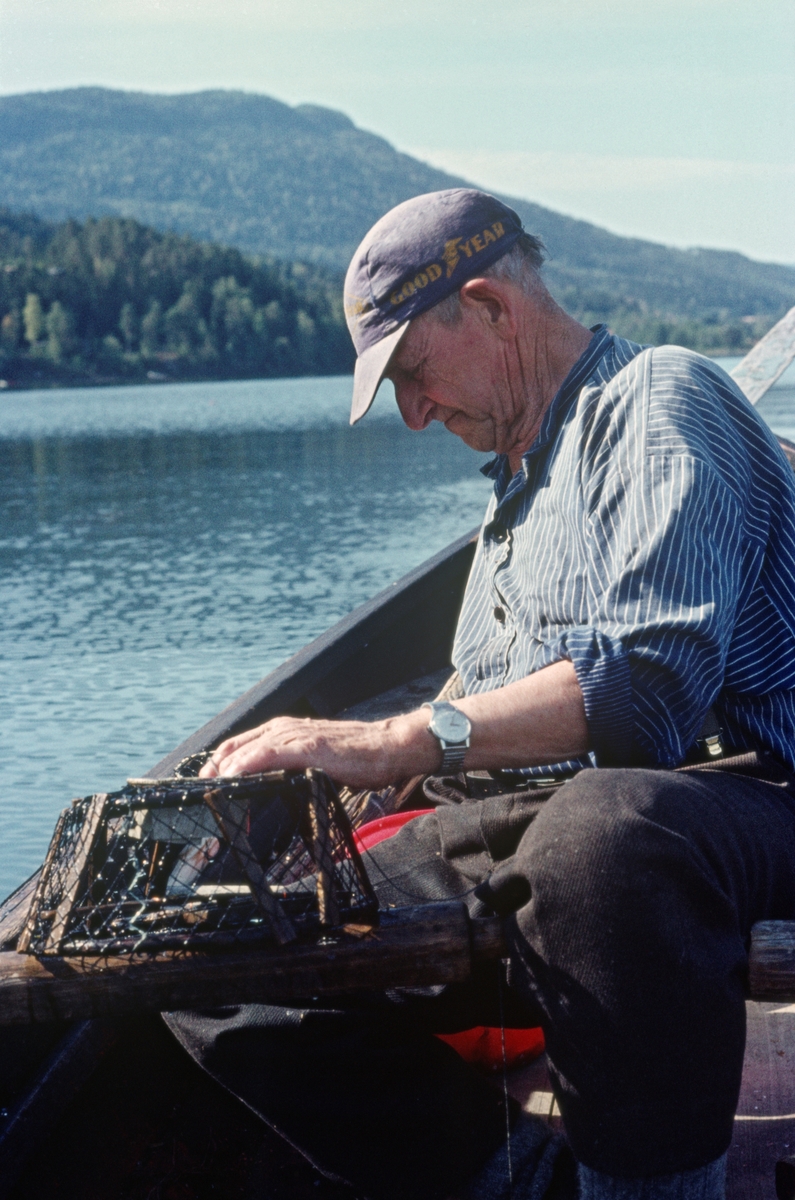 Yrkesfiskeren Paul Stensæter (1900-1982) viser fram ei krepseteine, som han holdt i hendene mens han egnet den med sik. Agnet ble hektet på en krok inne i teina. Stensæter drev næringsfiske i Steinsfjorden, en sidearm til Tyrifjorden på Ringerike i Buskerud. Han eide småbruket Bjerkeli på østsida av denne fjorden, men bruket var ikke stort nok til at Steinsæter kunne leve avlingene. Derfor drev han med fiske, både i sommer- og vintersesongen. Fangsten solgte han hovedsakelig på Hønefoss, som var nærmeste by. Krepsefisket hadde han antakelig lært av faren, Sigvart Stensæter (1878-1963). Han hadde vært blant pionerene i denne virksomheten i 1890-åra. I begynnelsen ble krepsen tatt i vanlige abborteiner, men etter hvert utviklet Karl Larsen, en sambygding av Stensæter-karene, den teinemodellen vi ser på dette fotografiet. Den hadde form som ei avkuttet kjegle og var lagd av garn som var trukket rundt et skjelett av trespiler. Sentralt oppå teina var der en åpning med sylindrisk krage av blikk. Tidligere ble krepsen fanget gjennom hele sommersesongen. Da dette fotografiet ble tatt, i 1976, var det forbudt å ta kreps før 7. august.