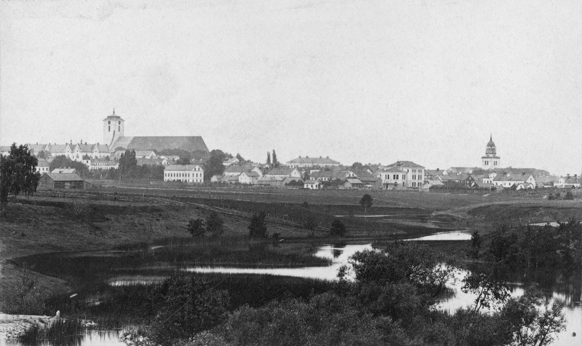 Suddig men unik vy mot Linköping. I stadssiluetten märks Linköpings domkyrka med sitt gamla torn, det så kallade Hårlemanska tornet som revs i början av 1880-talet. I förgrunden slingrar sig en Stångån grund och slingrande, ty ännu har inte Kinda kanal tillkommit. Bilden kan dateras till 1869 genom det pågående takarbetet på domkyrkan och uppförandet av seminariebyggnaden som kan anas något till höger.