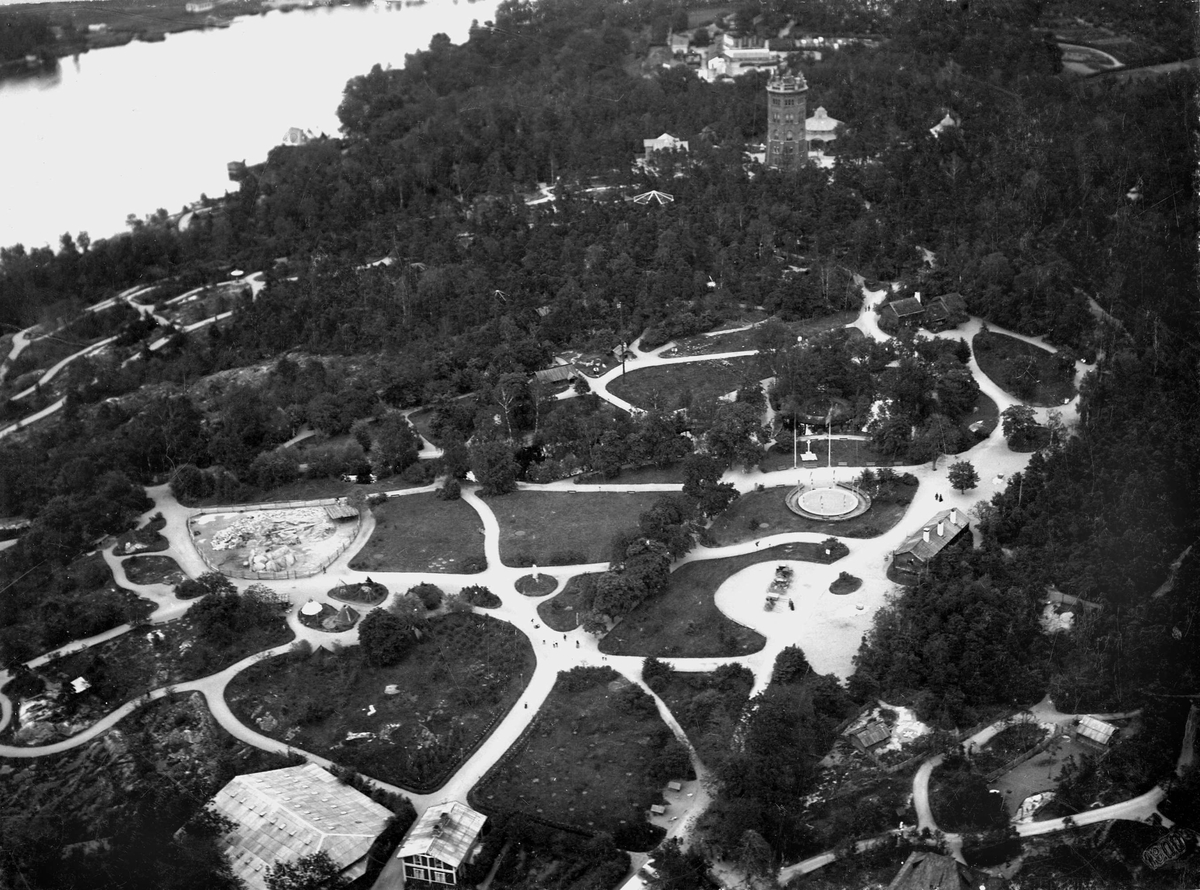 Vy från luftballong över Skansen på Djurgården i Stockholm.