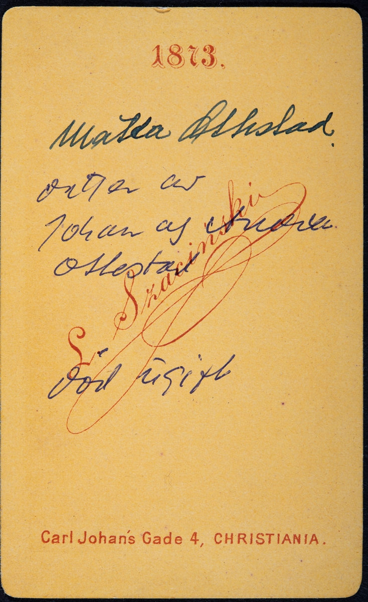 Portrett, carte vicite Mathea Johansdtr Ottestad, født 1842 - død 1891. Døde ugift. Datter av gårdbruker Johan Ottestad ( 1818-1891) og Andrea Gjermundsdatter (1820-1876) på Ottestad Nordre i Stange. Se bakside som bilde nr 2.