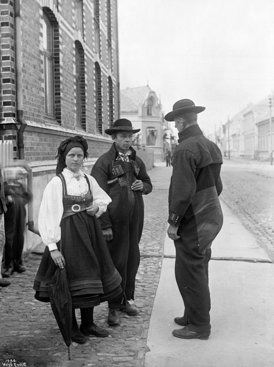 En kvinne og to menn i bunader fra Setesdal. Fotografert 1902.