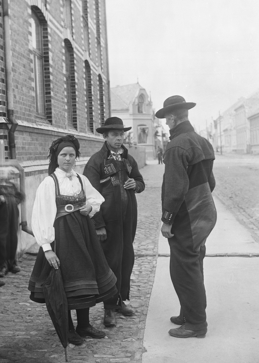 En kvinne og to menn i bunader fra Setesdal. Fotografert 1902.