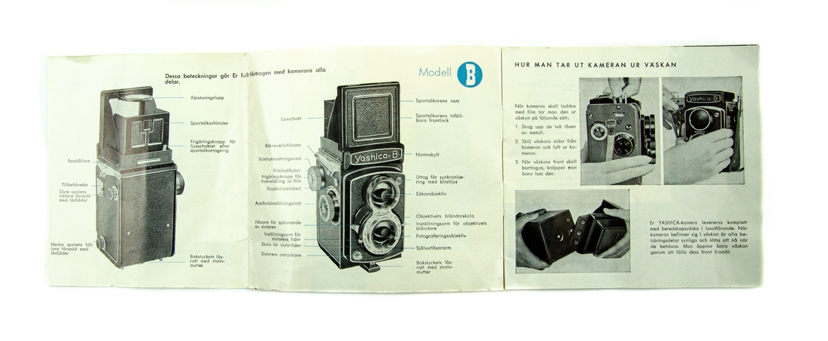 Kamera Yashica, modell B. Monterad i en tillhörande beredskapsväska där alla betjäningsdelar är synliga och lättillgängliga. Väskan är i läderutförande. Förvarad i originalkartong. Tillverkad av Yashima Optical Ind. Co., Ltd., Tokyo, Japan.