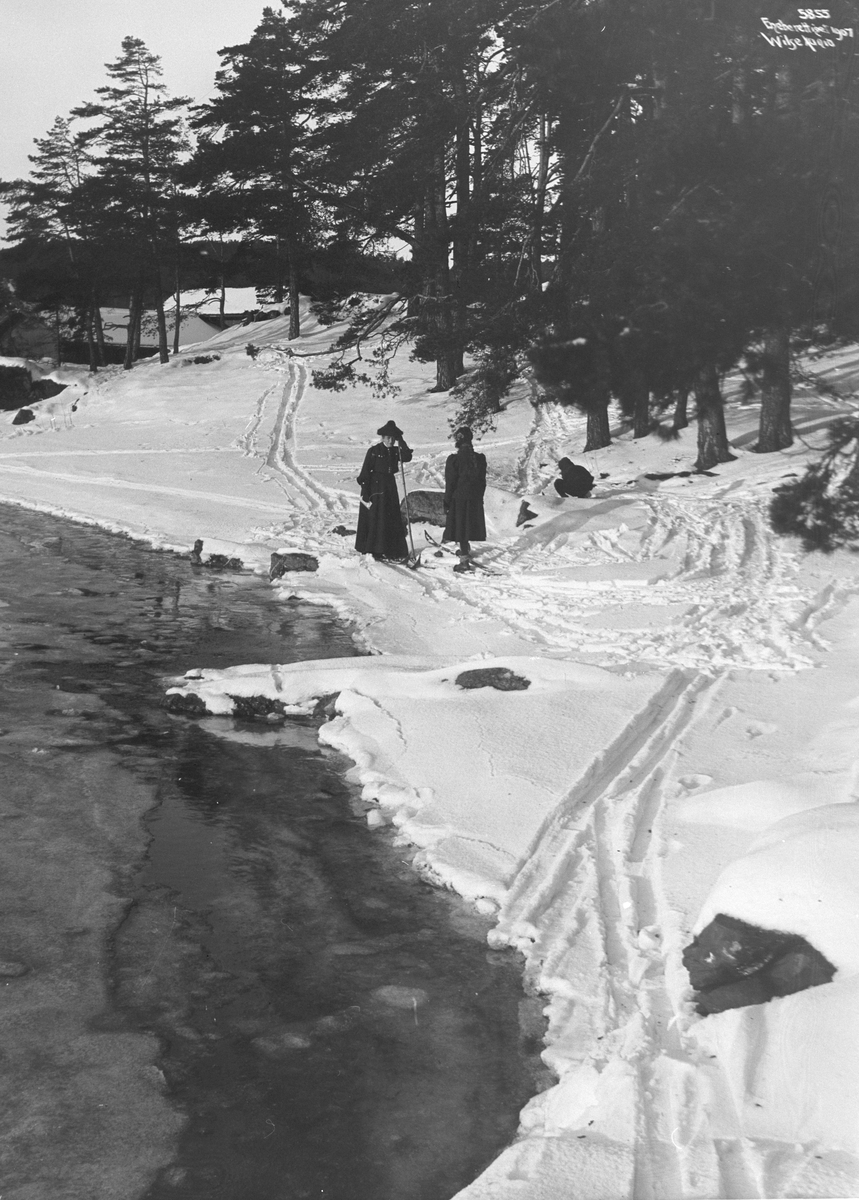 Skigåere på tur i strandkanten på Bygdøy. Fotografert vinteren 1907.