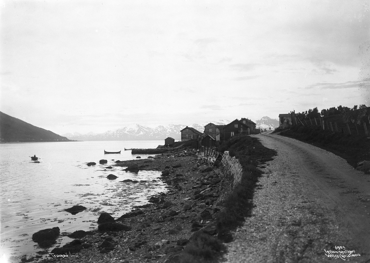 Veiparti med husklynge i Tromsø. Fotografert i 1907.