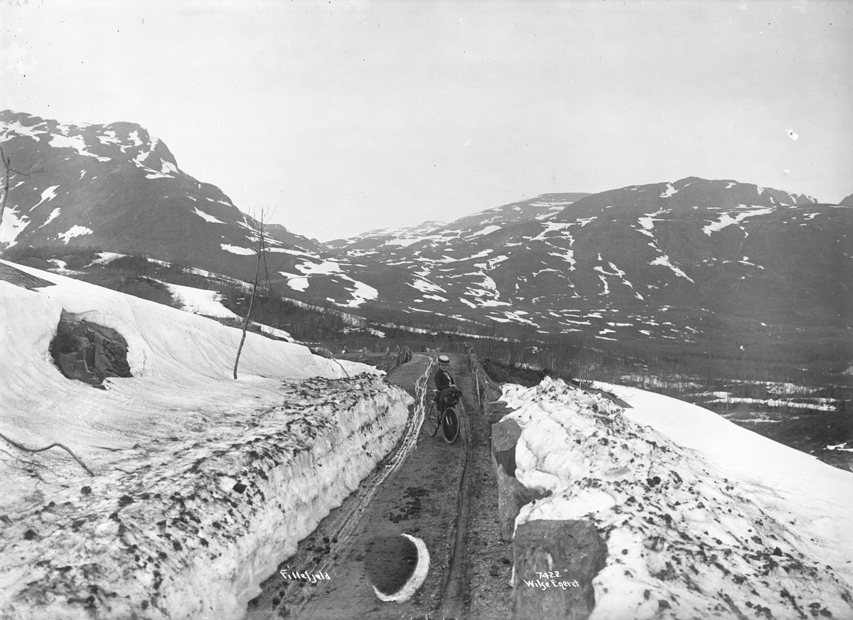 Kvinne med sykkel på vei oppover mot Filefjell. Fotografert i mai 1907.