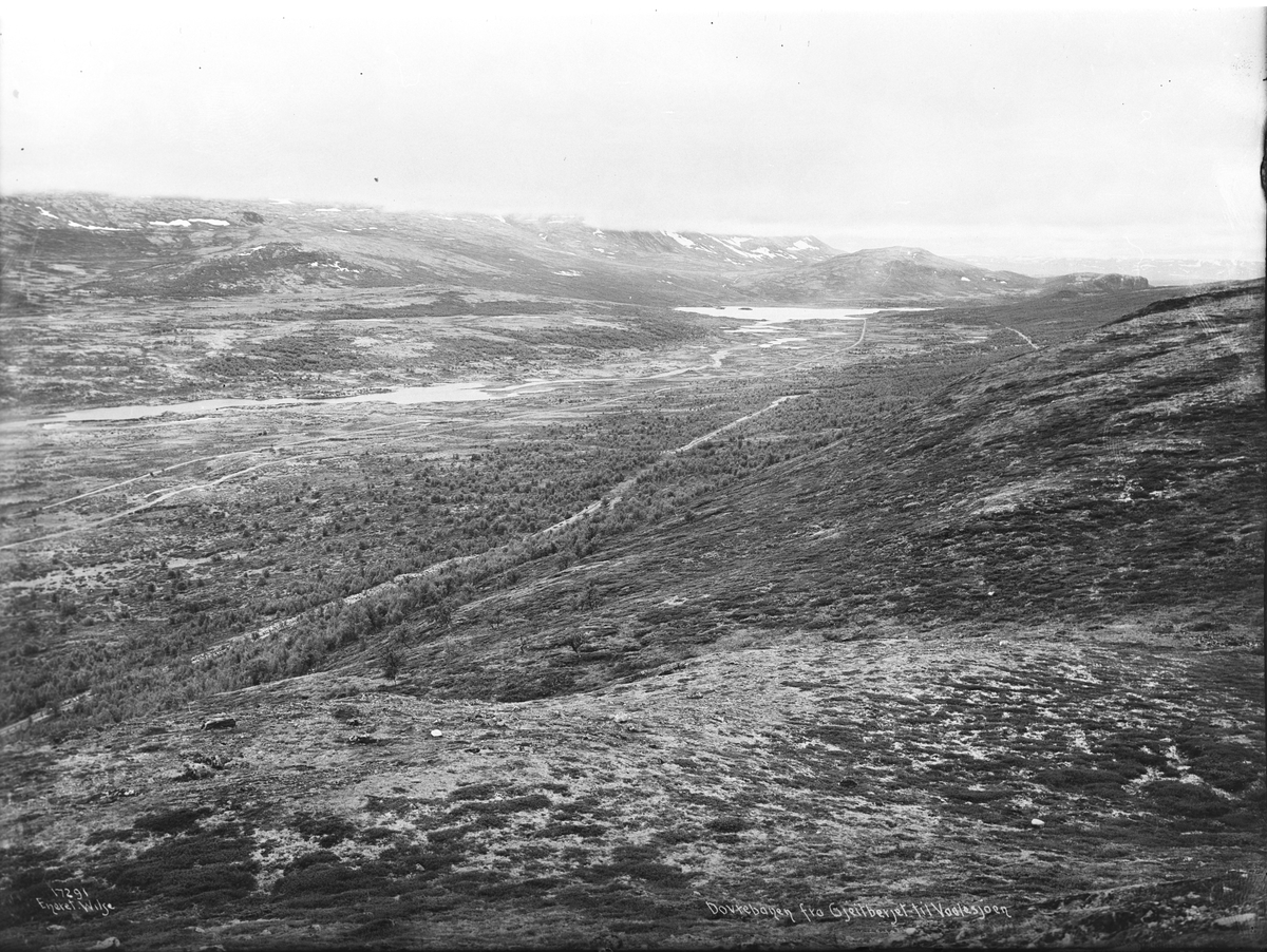 Utsikt fra Geitberget, sør for Hjerkinn, videre sørover mot Avsjøen. Dovrebanens trasé er synlig i landskapet, 1915.