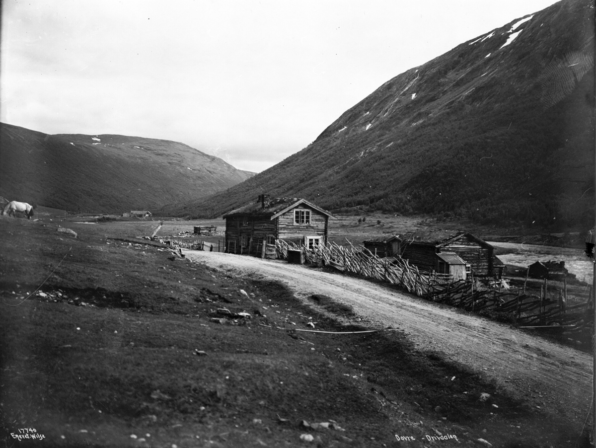 Liten gård ved elva Driva i Drivdalen, Oppdal, Trøndelag, 1915.