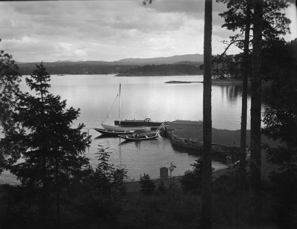 Grimsøen i Oslofjorden i aftenbelysning. Sti ned til bryggen hvor båtene ligger fortøyd.