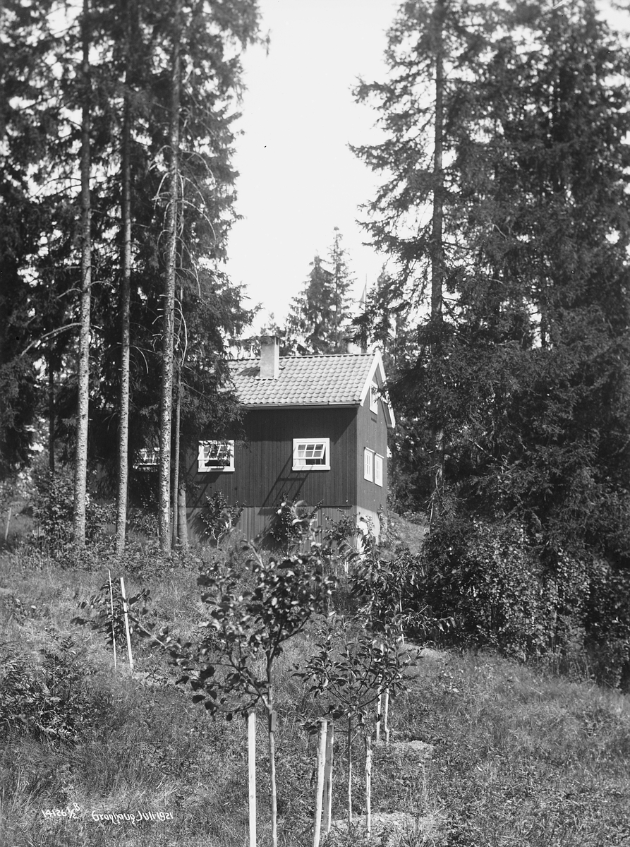 Granhaug hus, hage og store trær.