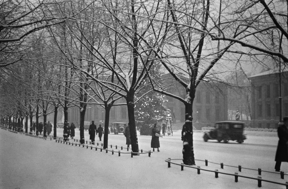 Karl Johansgate i vinterskrud.  Universitetet i Oslo med julegranen tent.  Parkert bil og spaserende på fortauet.