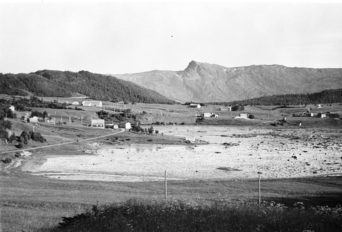 Landskapet i Hemnesberget, fjell i bakgrunnen, store landbruksområder og fjære sjø.