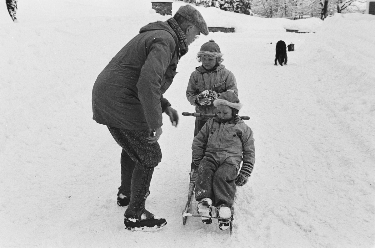 Prinsessene Ragnhild og Astrid på sparketur i vinterværet. Mannen som passer på, ser ut til å ha noen gode råd til barna.  Hunden er også med på turen.