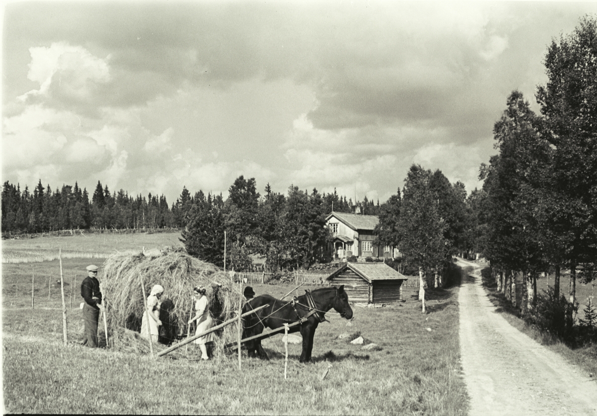 Høyonn, hele familien i arbeid, hest og kjerre.  I bakgrunnen gården.