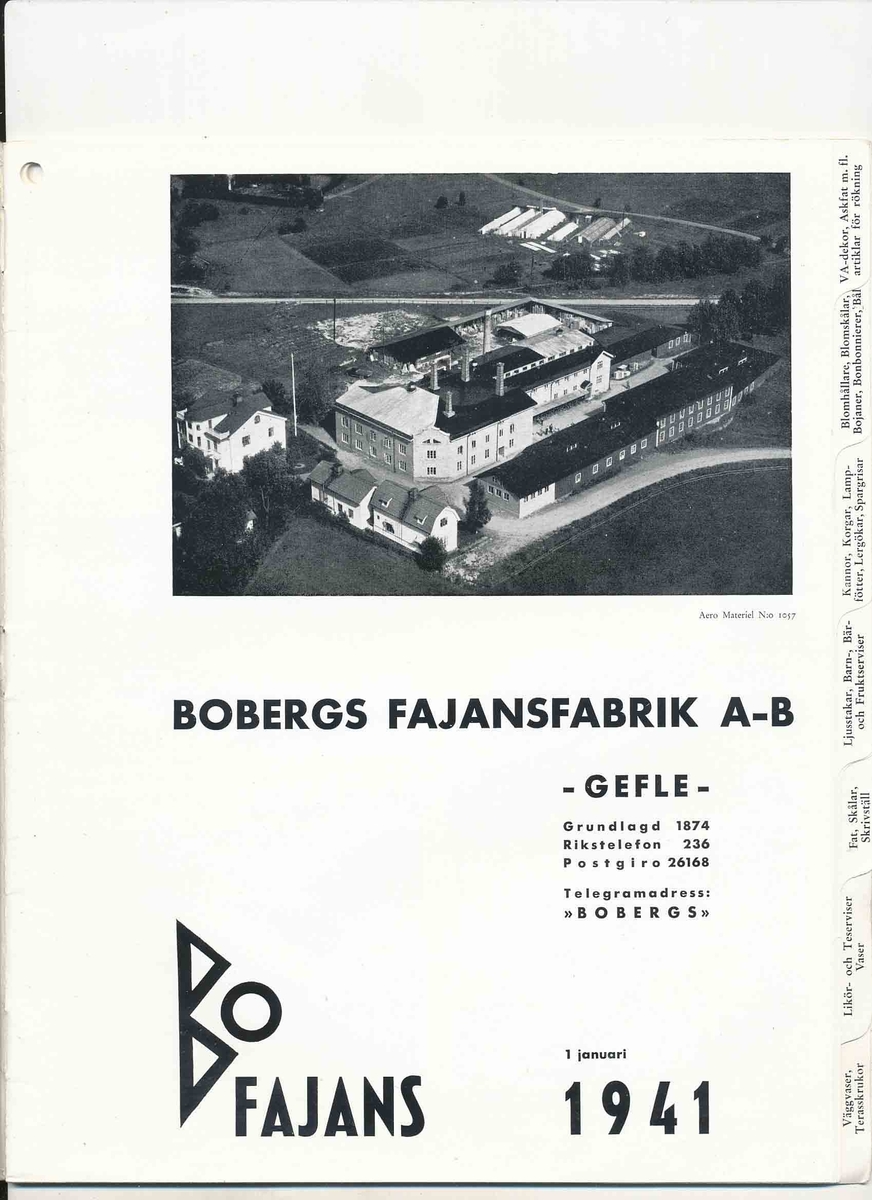 Priskurant från Bo Fajans 1941 över konstglaserade dekorativa fajanser, terrassurnor, vaser, skålar, blomkrukor och "trevliga ugnseldfasta hushållsfajanser".