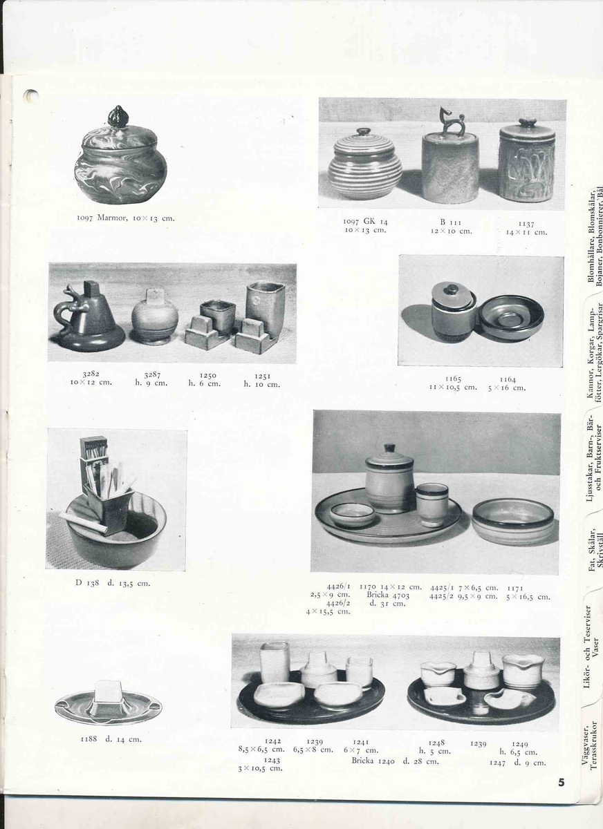 Priskurant från Bo Fajans 1941 över konstglaserade dekorativa fajanser, terrassurnor, vaser, skålar, blomkrukor och "trevliga ugnseldfasta hushållsfajanser".