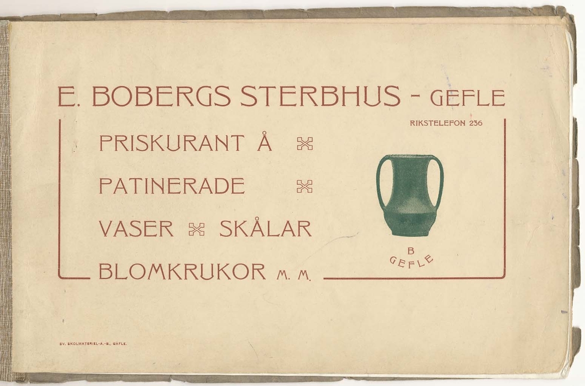 Tre priskuranter från Bo Fajans 1913, 1918 och1920-tal, inbundna i ett omslag.