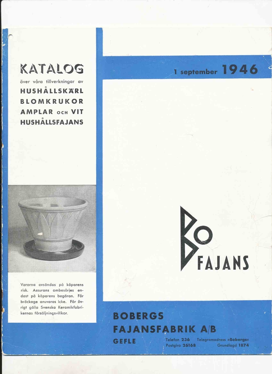 Produktkatalog från Bo Fajans 1946 över hushållskärl, blomkrukor, amplar och vit hushållsfajans.