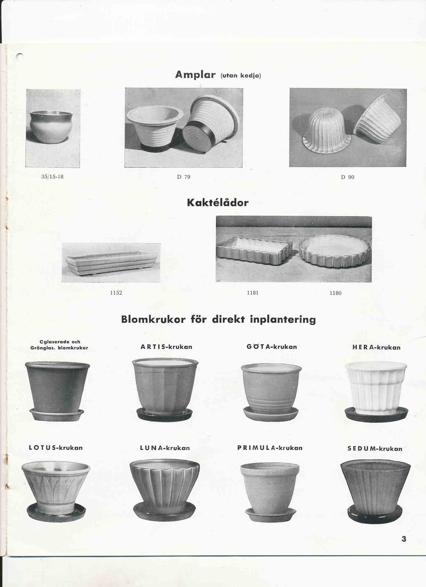 Produktkatalog från Bo Fajans 1946 över hushållskärl, blomkrukor, amplar och vit hushållsfajans.