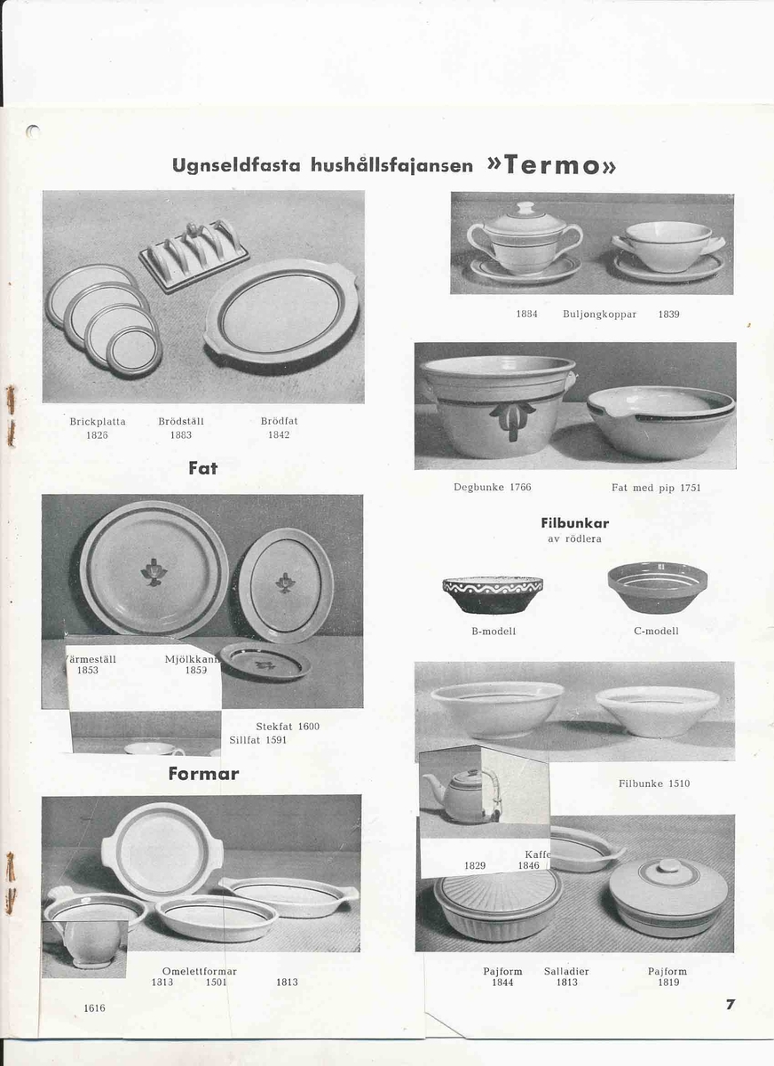 Produktkatalog från Bo Fajans 1946 över hushållskärl, blomkrukor, amplar och vit hushållsfajans.